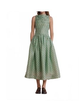New LOVAAN Val Ruched Linen-Silk Dress In Green Rose